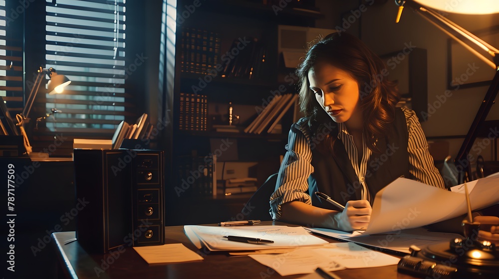 A young woman working late at her desk in a dimly lit office